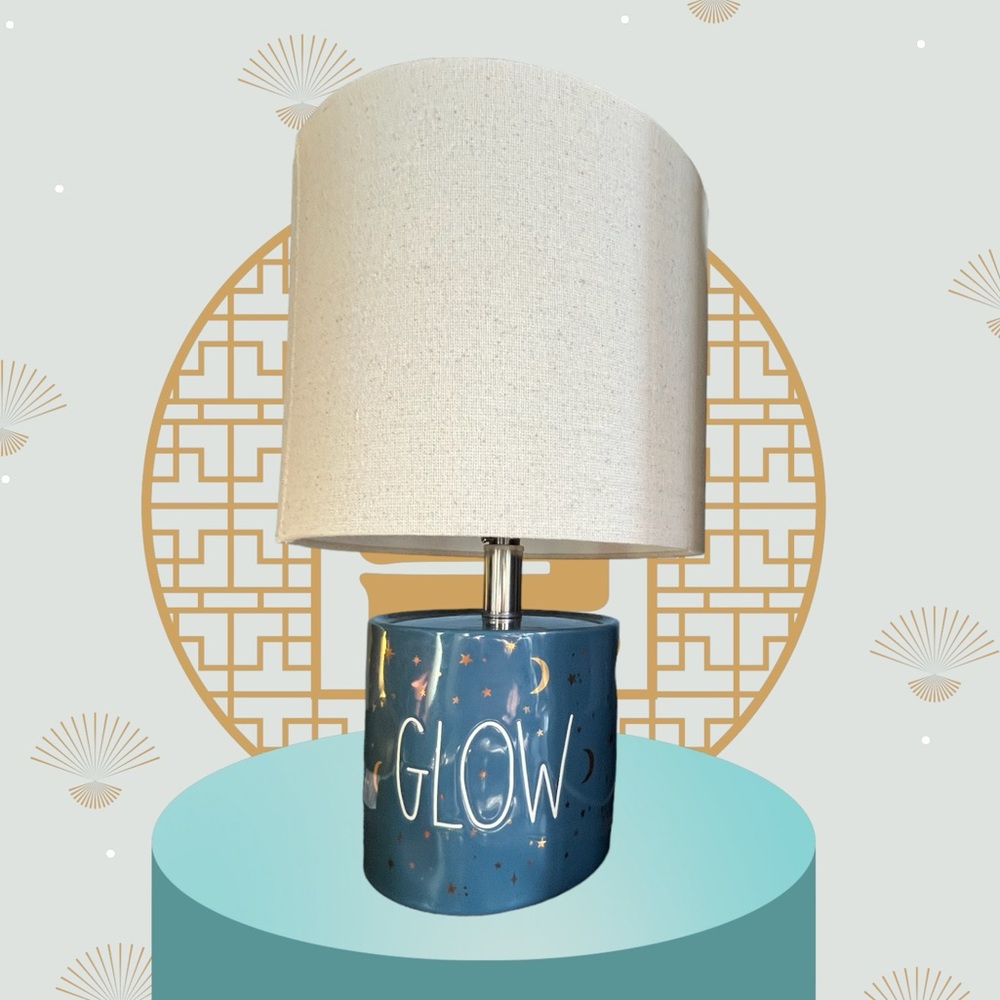 Rae Dunn Glow lamp Blue with ivory fabric shade
